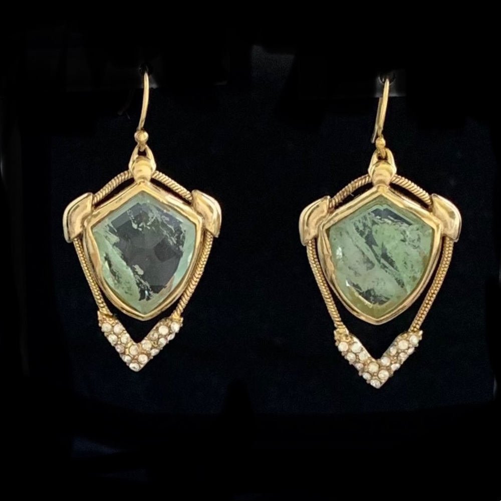 Alexis Bittar Gold Green Stone Shield Snake Chain Frame Earrings - Picture 2 of 8